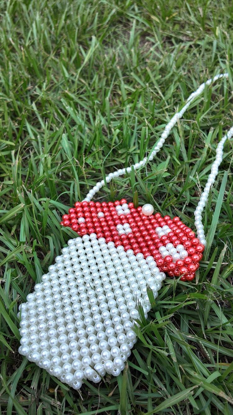 Handmade Beaded Mushroom Crossbody Bag Pearl Red White Novelty Purse